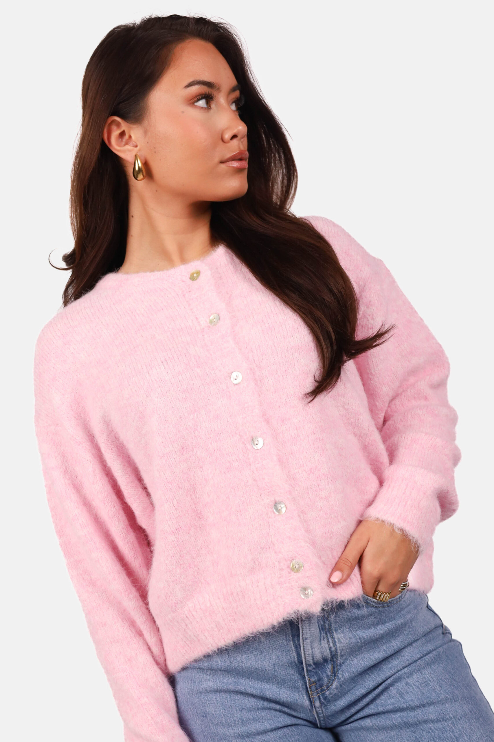 Zacht wolblend vest met knoopsluiting lichtroze