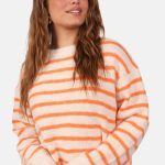 Zachte wolblend trui met strepen beige oranje
