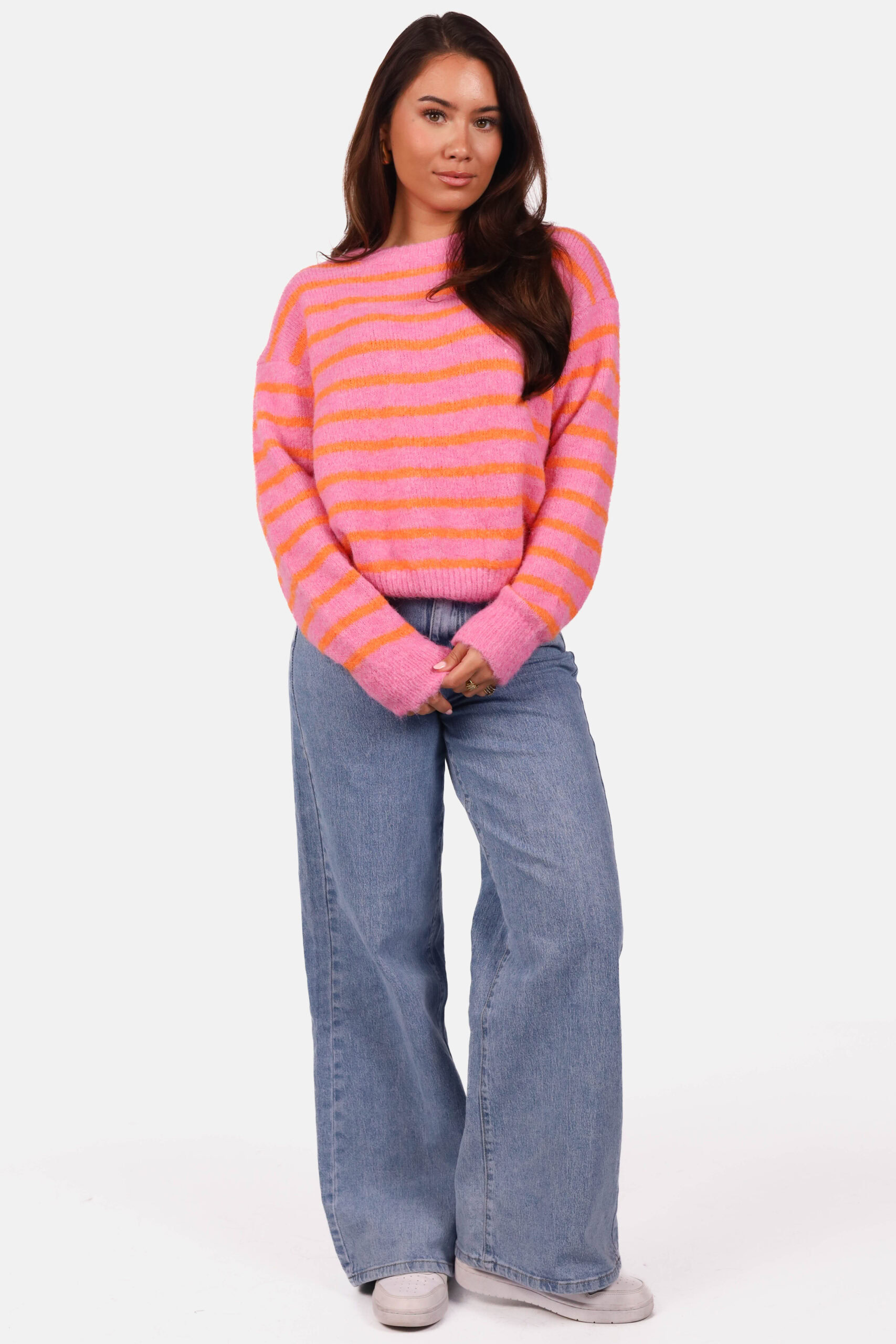 Zachte wolblend trui met strepen fuchsia oranje - Afbeelding 3