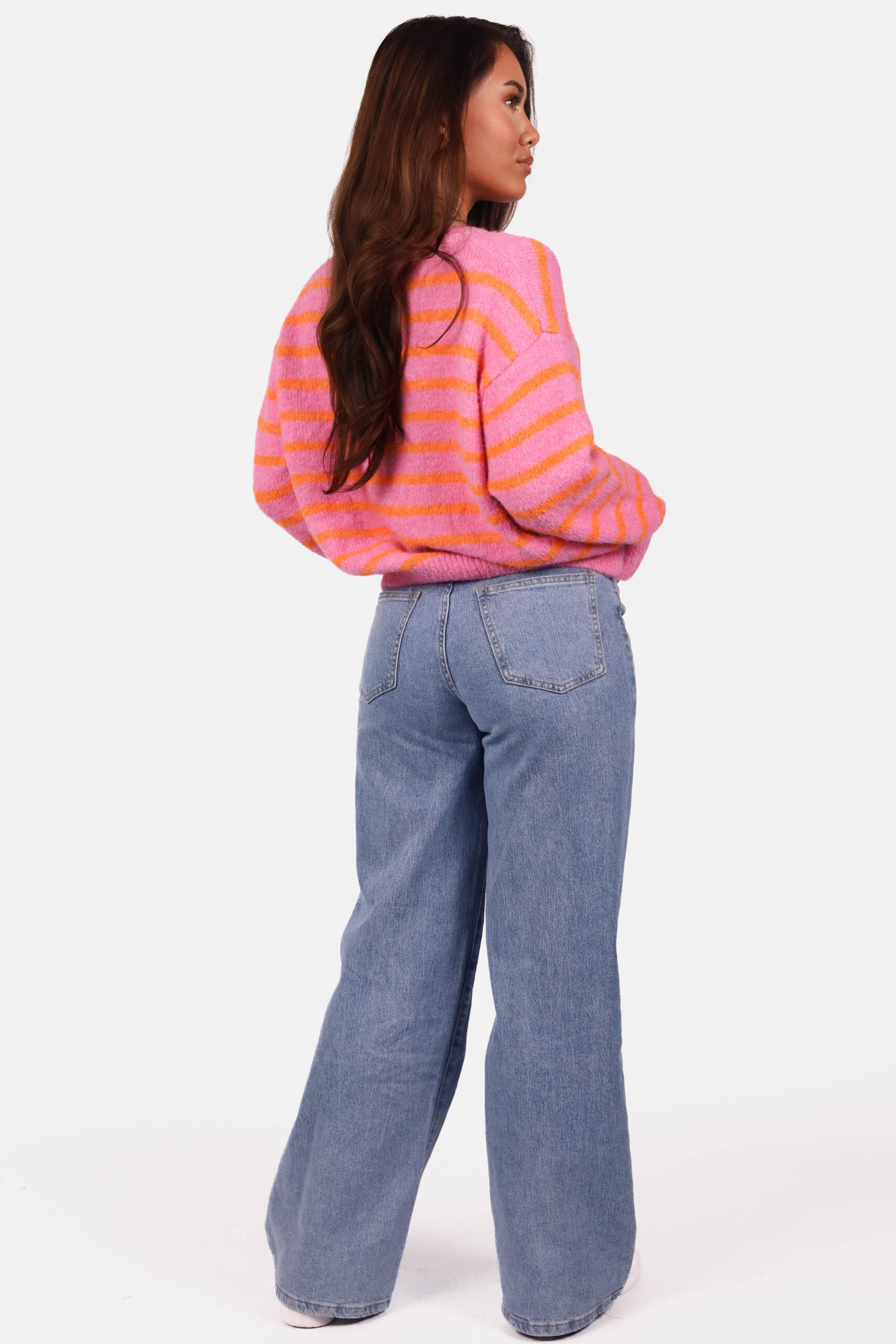Zachte wolblend trui met strepen fuchsia oranje - Afbeelding 5