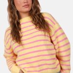 Zachte wolblend trui met strepen geel fuchsia