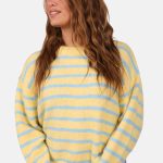 Zachte wolblend trui met strepen geel lichtblauw